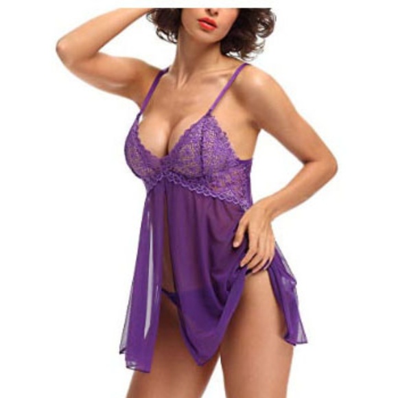 Sheer Lace Chemise Slip Babydoll Set w/ Thong - Picture 2 of 8